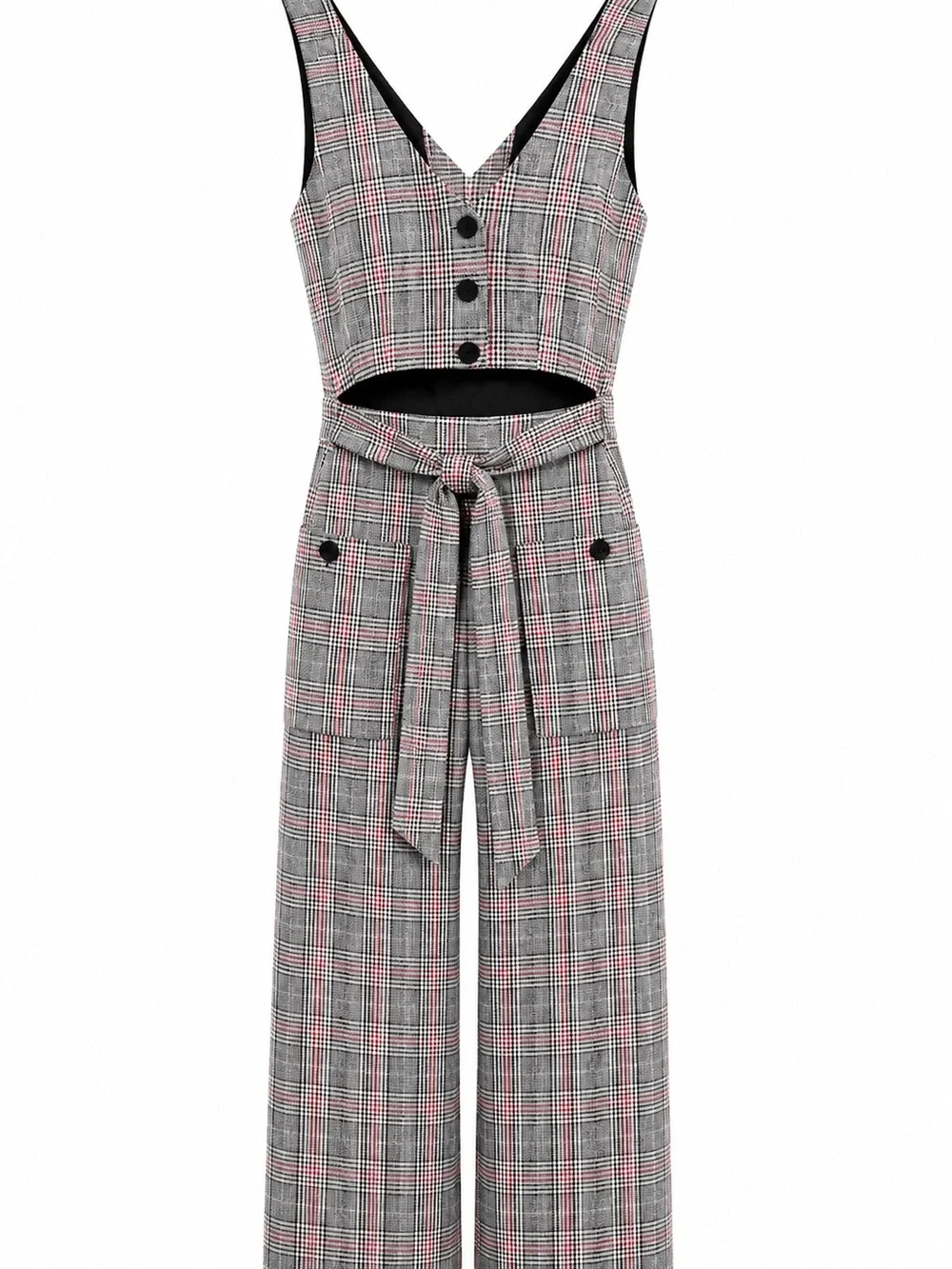 Mango Casual 100% Linen Plaid Wide Leg Jumpsuit Women’s XS Cutout Sleeveless
